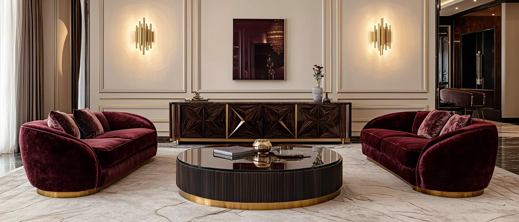 Art Deco elegance | A modern living room in warm burgundy tones